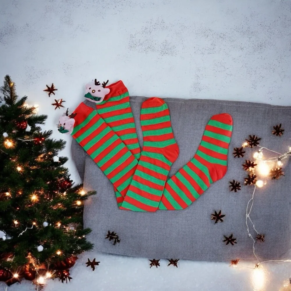 Plush Reindeer Christmas Over-the-Knee Socks Red & Green Striped, Soft Polyester